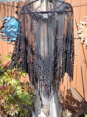 Vintage Black Sheer Beaded Fringe Shawl